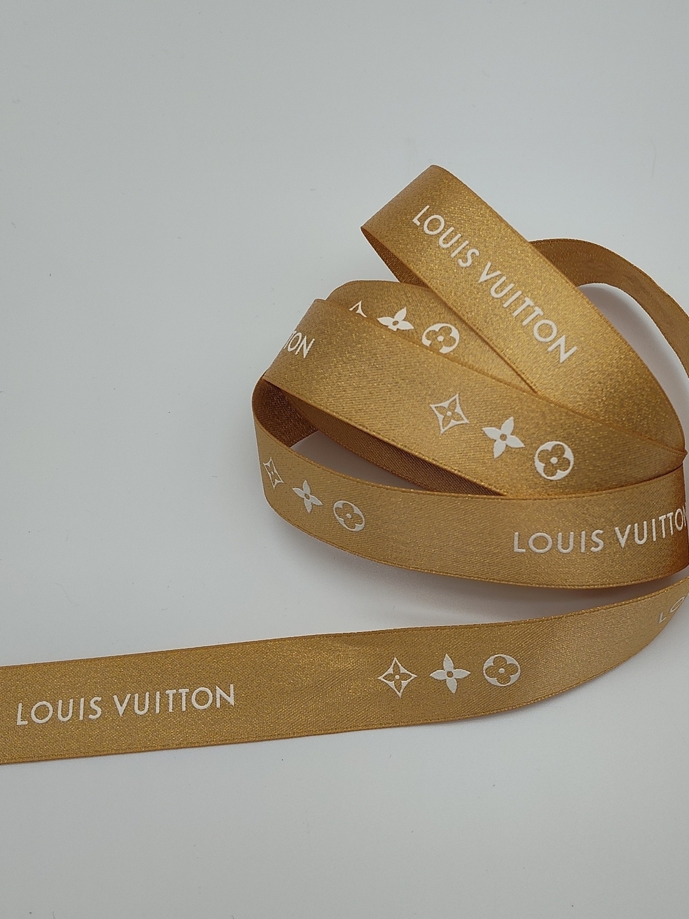 LOUIS VUITTON Gold Metallic Monogram Gift Ribbon 59" x 1" Unused